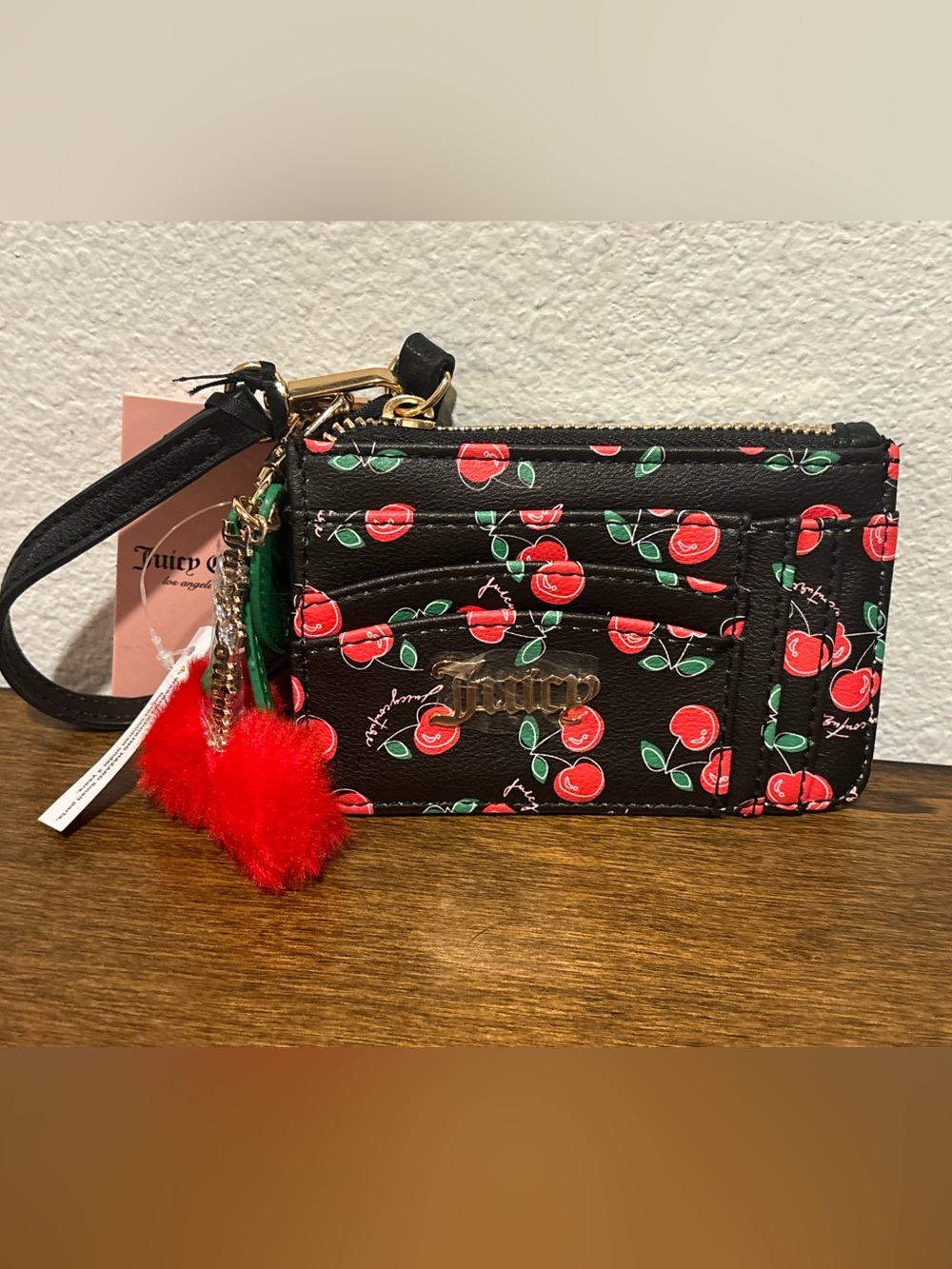 Juicy Couture Black Cherry Card Wallet/Case with Red Pom Cherry Charm